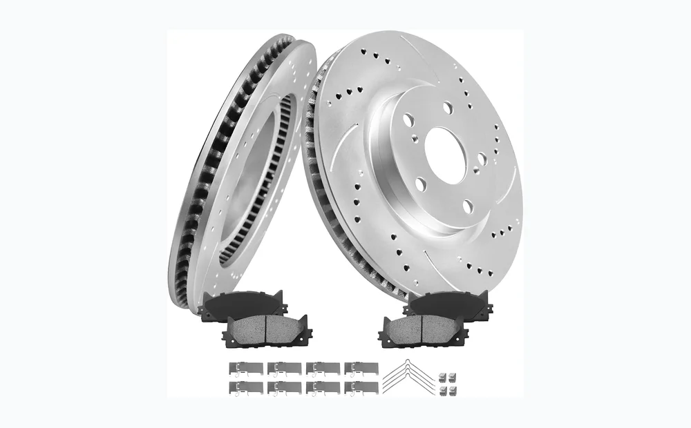MOTOREVO Front Brake Rotors Kit for Camry [2007-2017] High-Carbon Alloy Drilled & Slotted Brake Pads and Rotors Kit | Tailored Ventilation Enhanced Braking Performance|GEOMET Coated App Universal