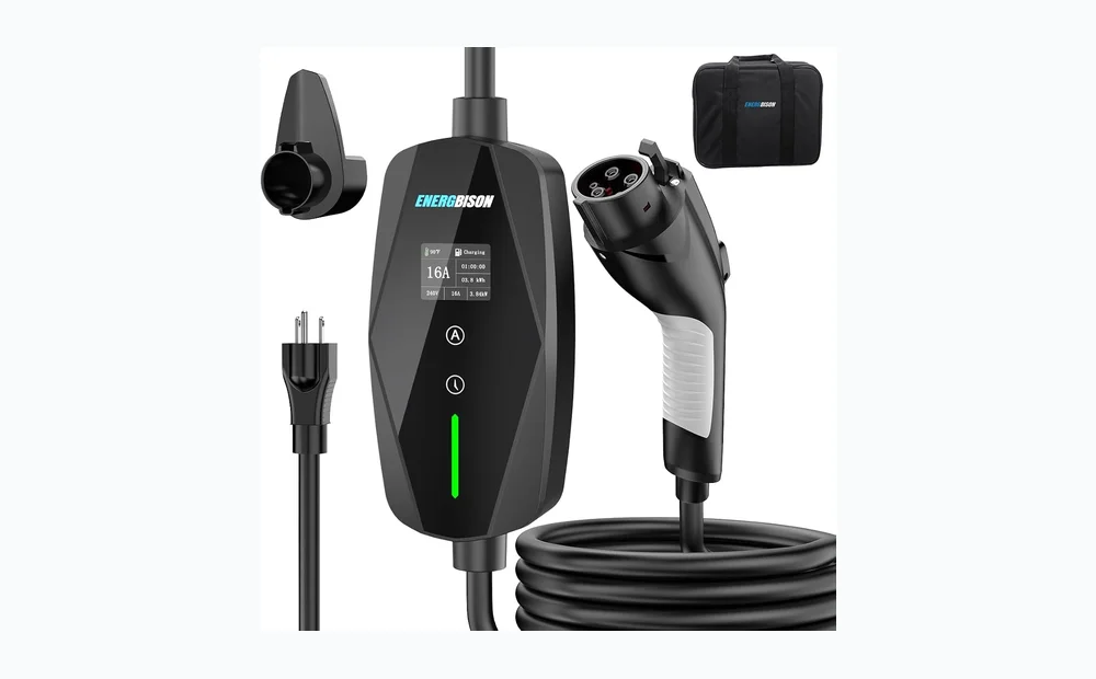 Level 1&2 EV Charger -16Amp Adjustable Current Home Charging Station with 110V-240V NEMA 6-20 Plug & 5-15 Adapter, 25FT Cable Portable Electric Vehicle Car Charger, SAE J1772 Charging Station for Home